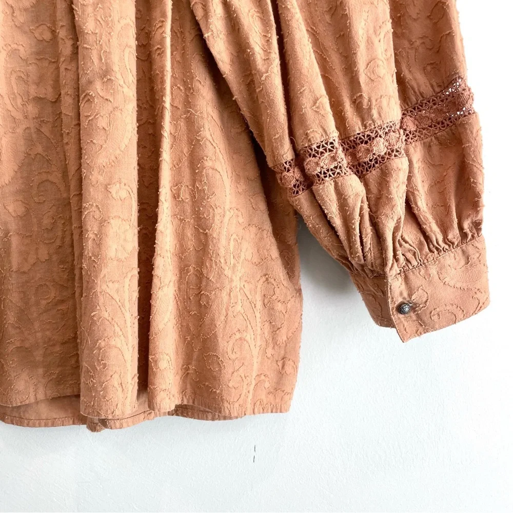 By Anthropologie Harmony Button Down Front Crochet Inset Puff Sleeve Top